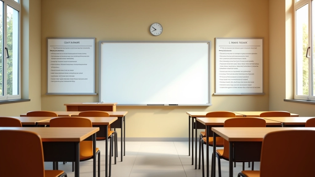 Sala de aula moderna com quadro branco e recursos educacionais de inglês, ambiente acolhedor para iniciantes