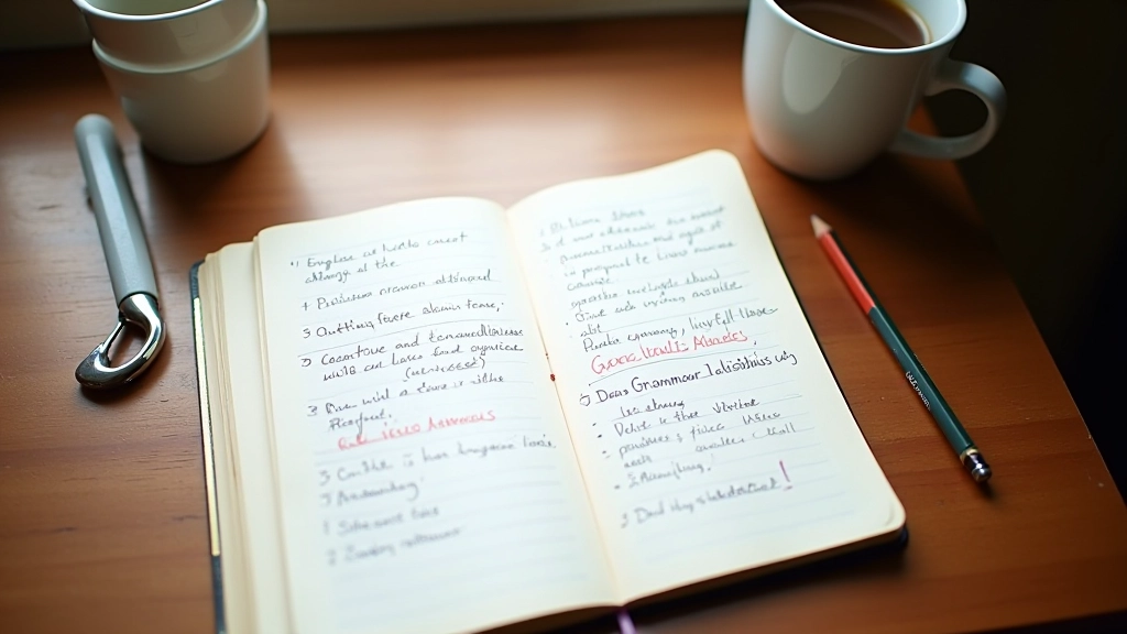 Caderno aberto sobre uma mesa com lápis e xícara de café, anotações de gramática inglesa
