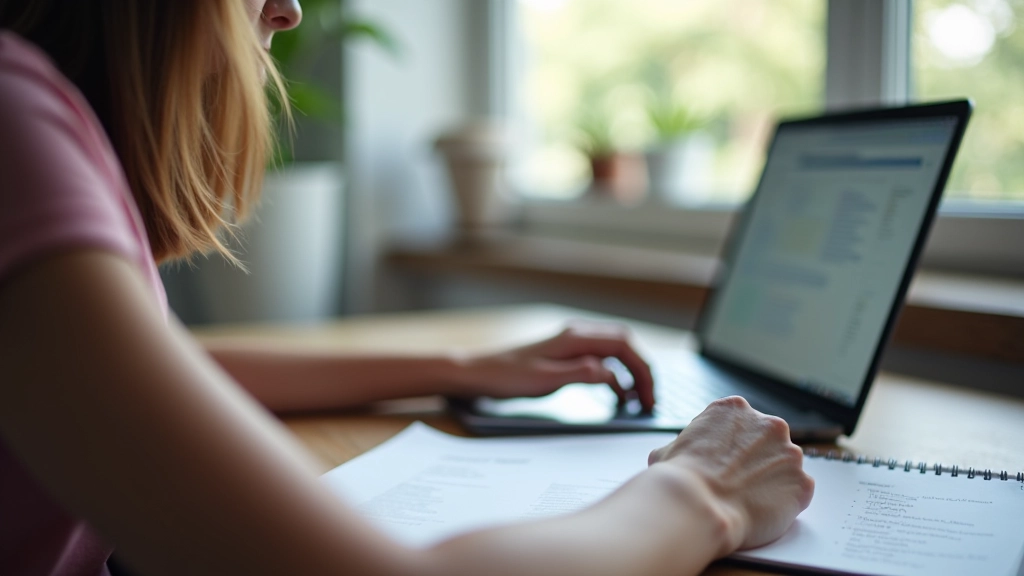 Pessoa estudando estrutura de frases em inglês, laptop aberto com exemplos de sentença