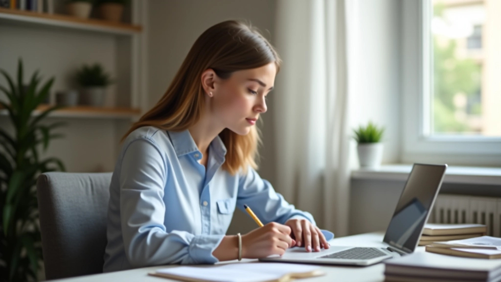 Pessoa estudando inglês em casa, computador com material de aprendizado, ambiente de estudo organizado